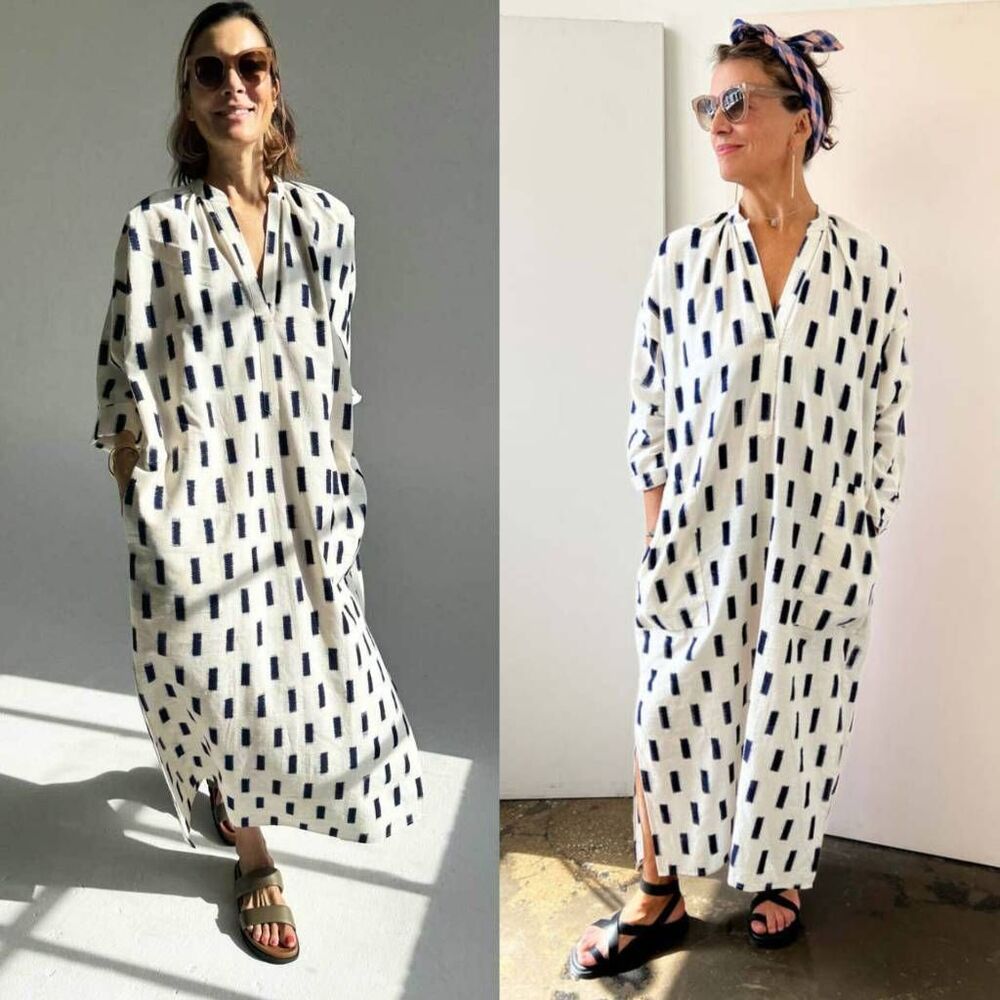 TWO WHITE IKAT LONG CAFTAN - NATURAL/NAVY $425 OneSize
